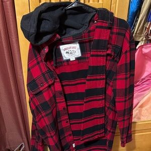 American Eagle Outfitters Red and Black Plaid Lightweight Shirt Jacket with Hood